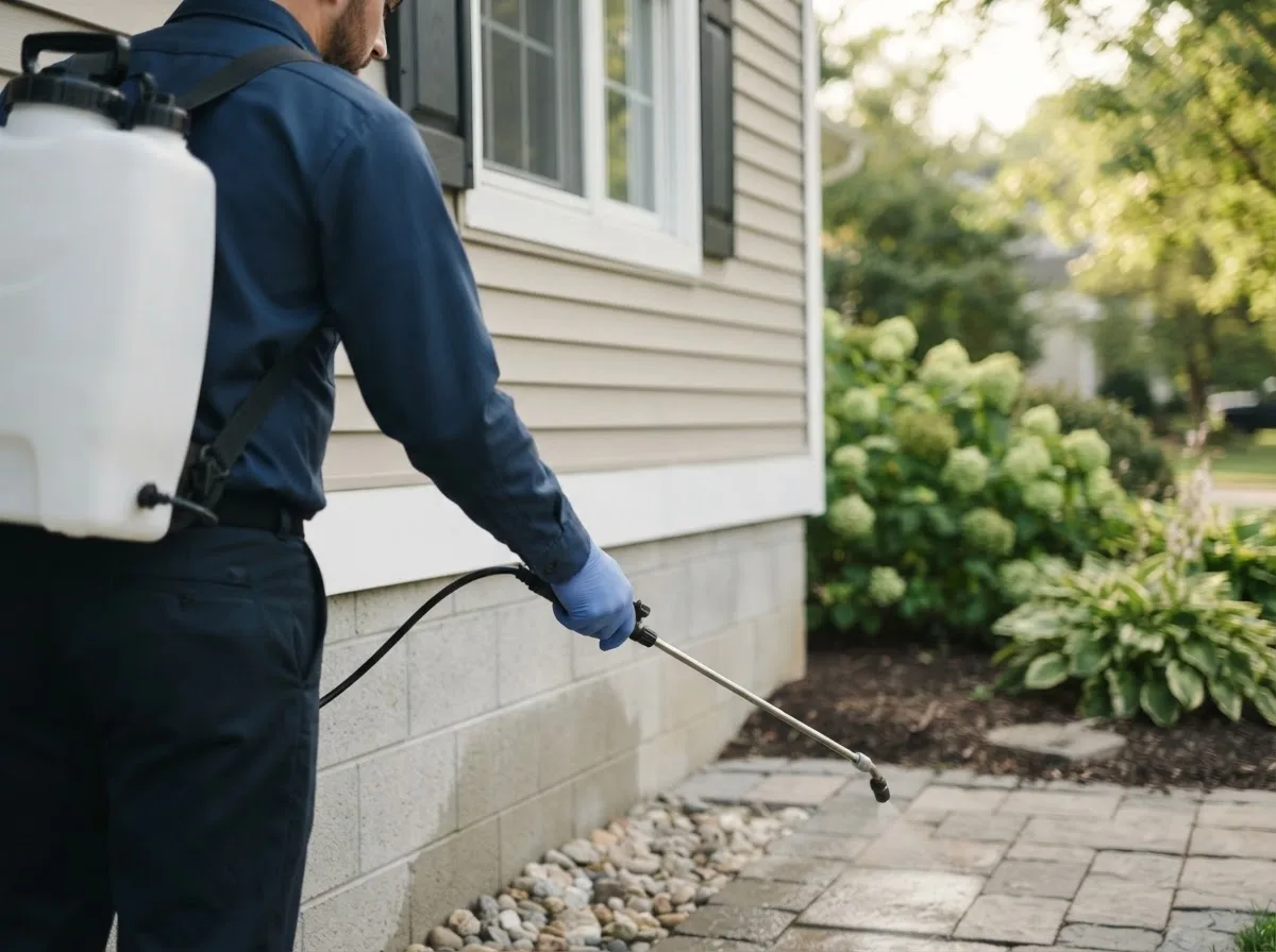 Pest control technician inspecting a home in Hanford, CA